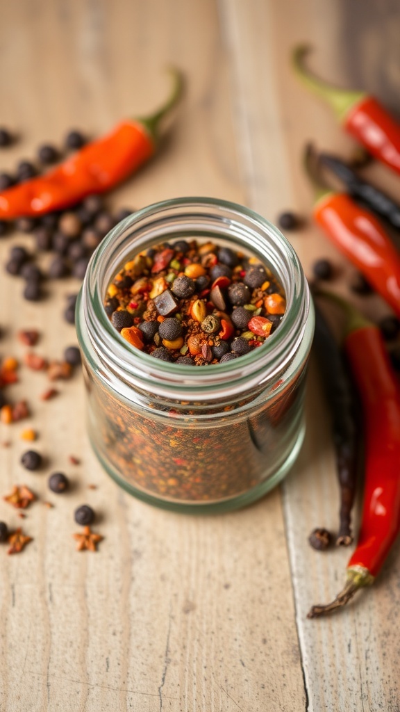 A glass jar of 7 pepper seasoning blend with whole spices on a wooden table.